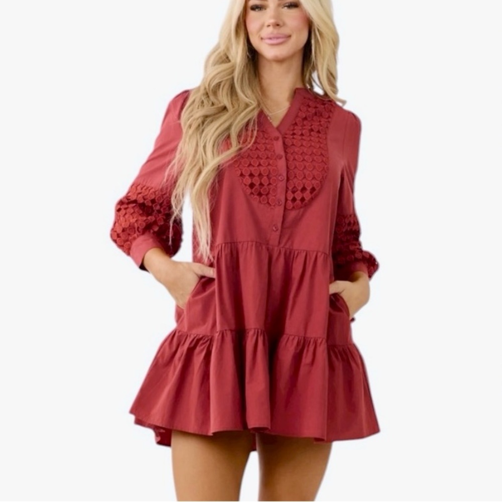 Baby Pink Rust Red Crochet Tiered Ruffle Mini Dress Medium